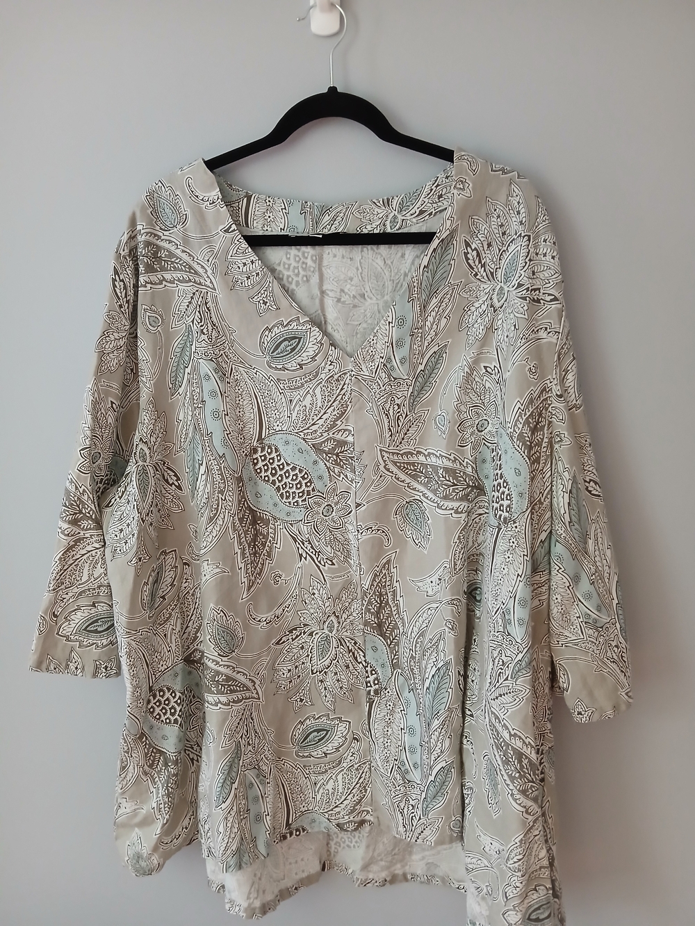 Bryn Walker Italian Linen Neutral Paisley Flare Sleeve V Neck Tunic 2X